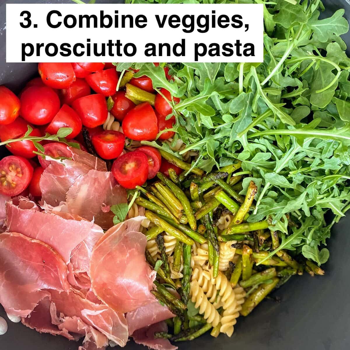 mixing veggies with prosciutto and pasta