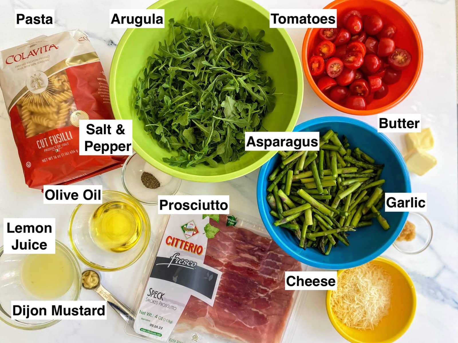 ingredients for asparagus pasta salad