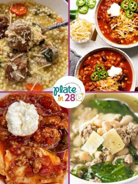 Collage of soups made with ground turkey and other vegetables and ingredients.