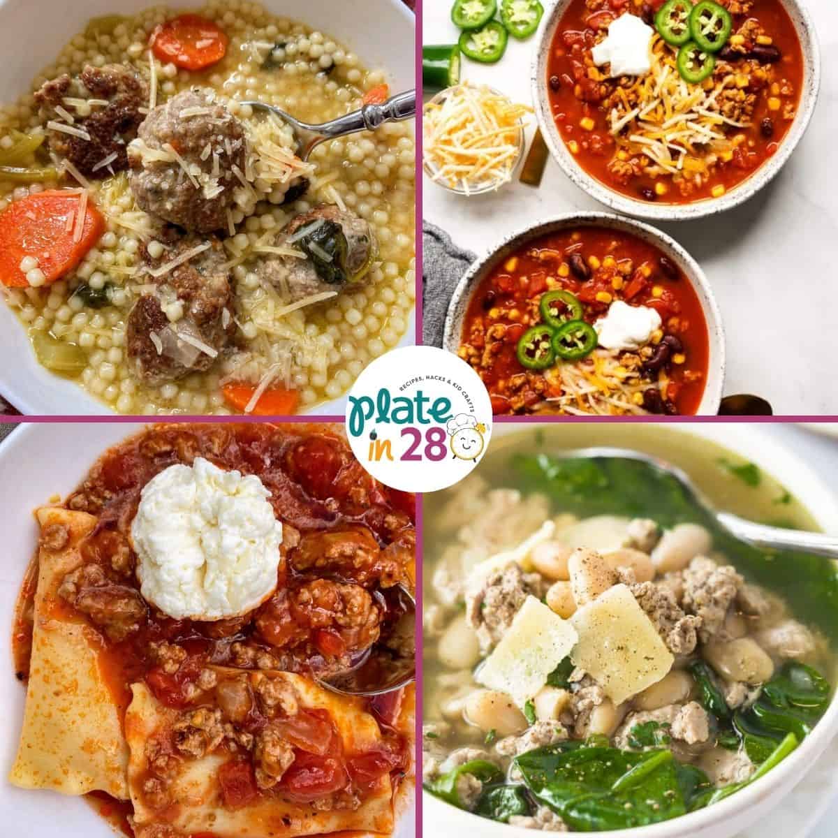 Collage of four soups made with ground turkey and other vegetables and ingredients.