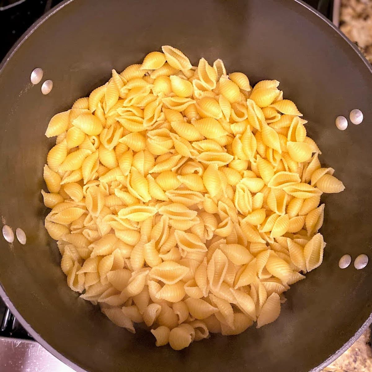 shell pasta cooked in pot 