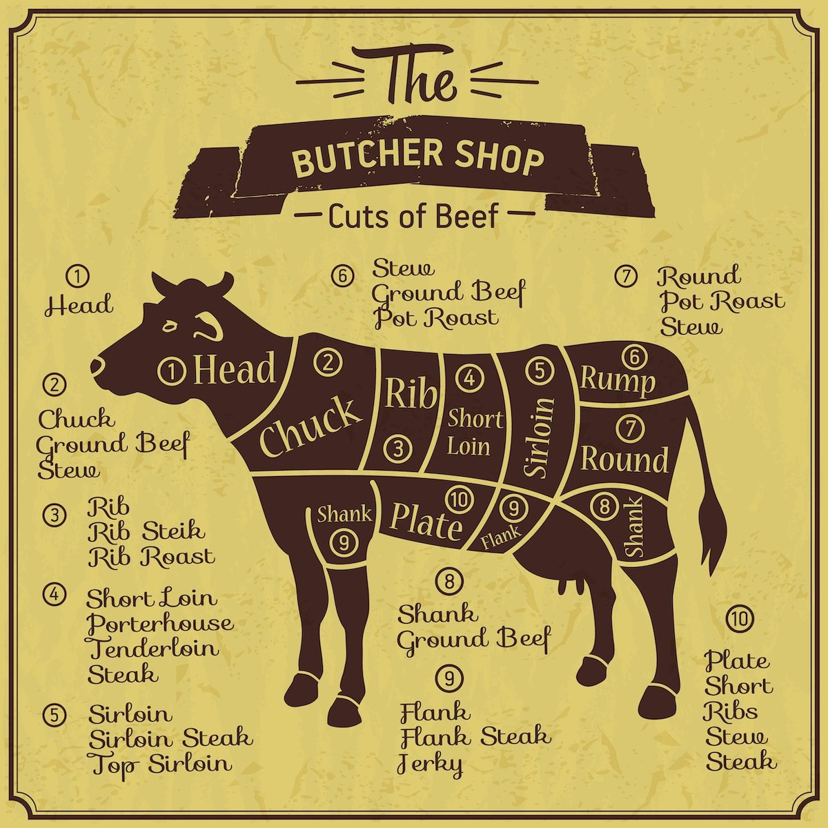 diagram of cow, it's beef cuts and what to make with them