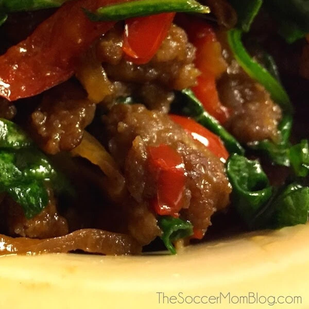 sausage and spinach skillet on plate 