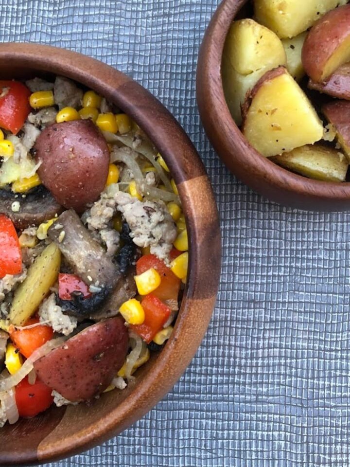 potato skillet with veggies in bowl