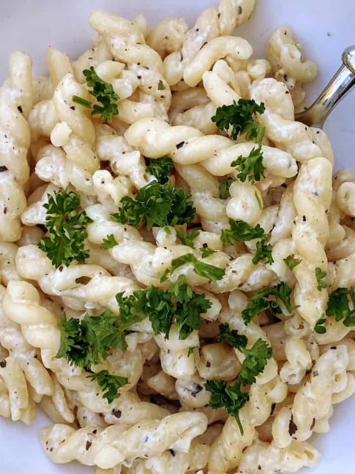 closeup pasta in bowl with cream cheese sauce and seasoning
