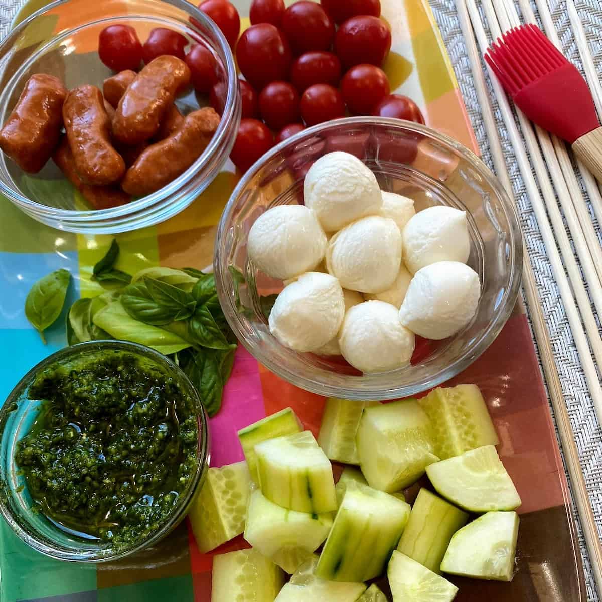 in ingredients laid out for kabobs 