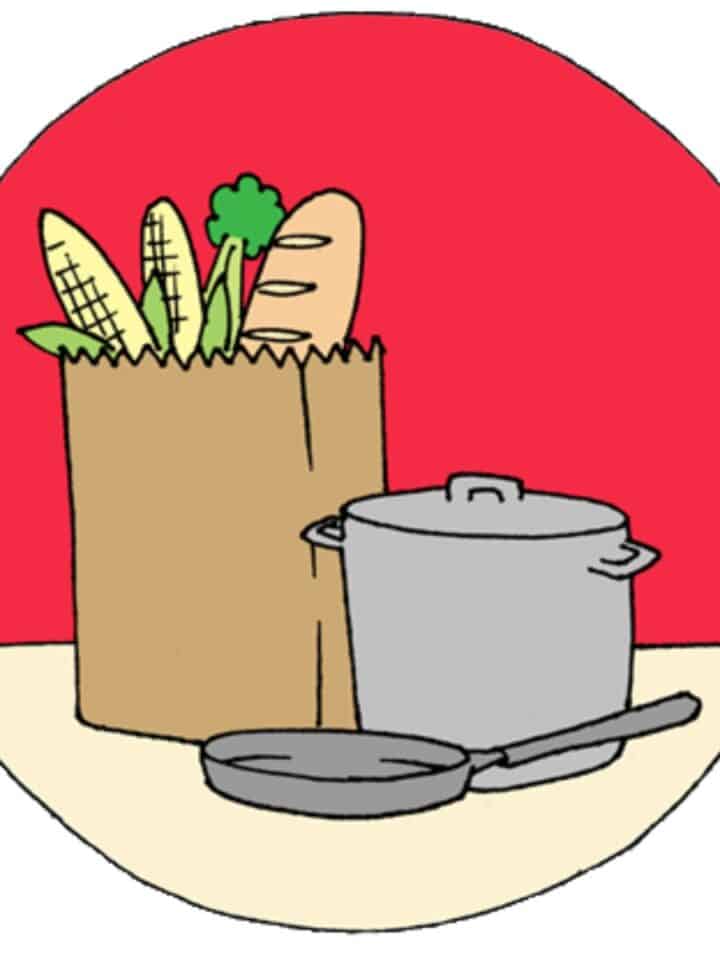 Ann illustration of a bag of groceries sitting on a table next to pot and pan.