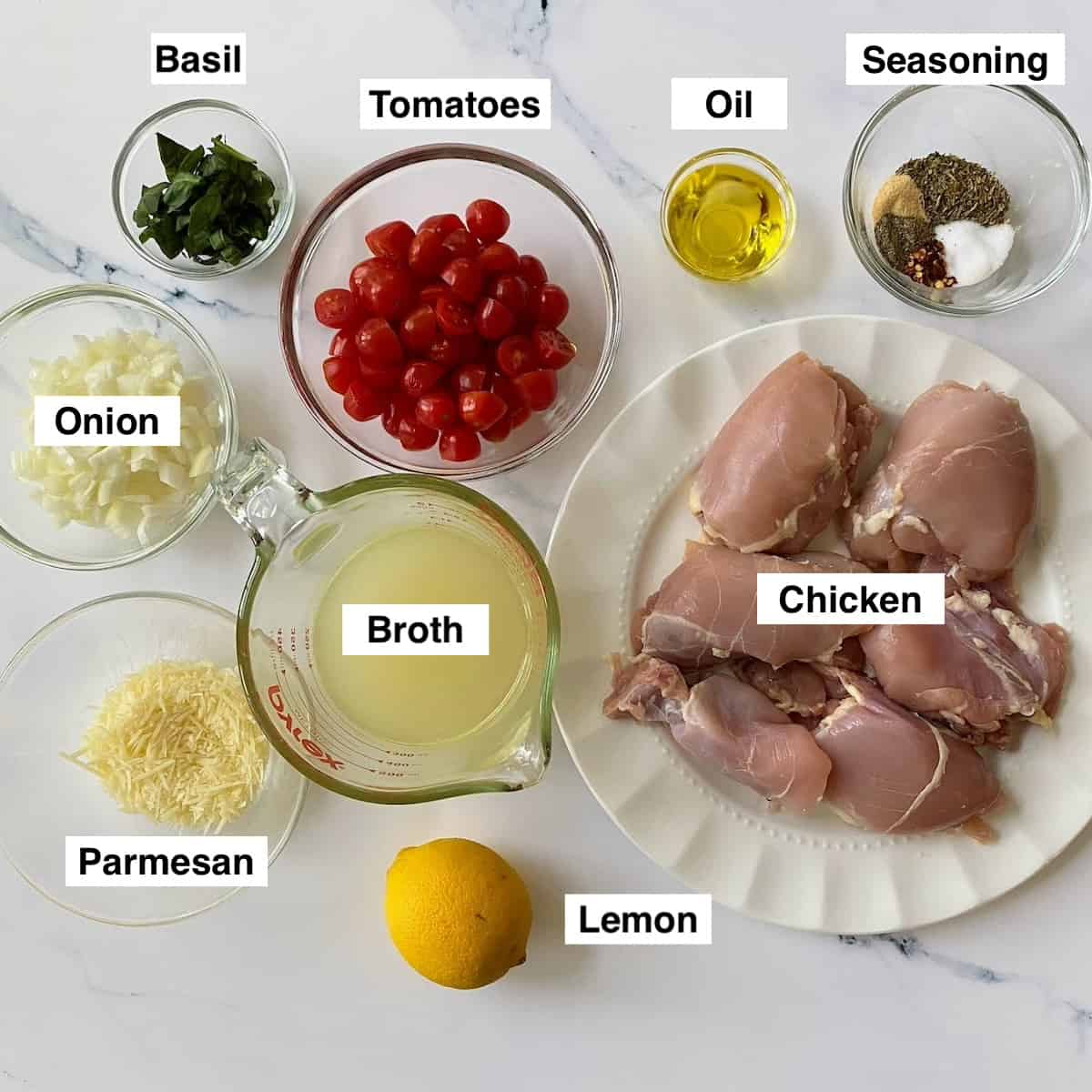 Labeled ingredients for chicken pomodoro recipe.