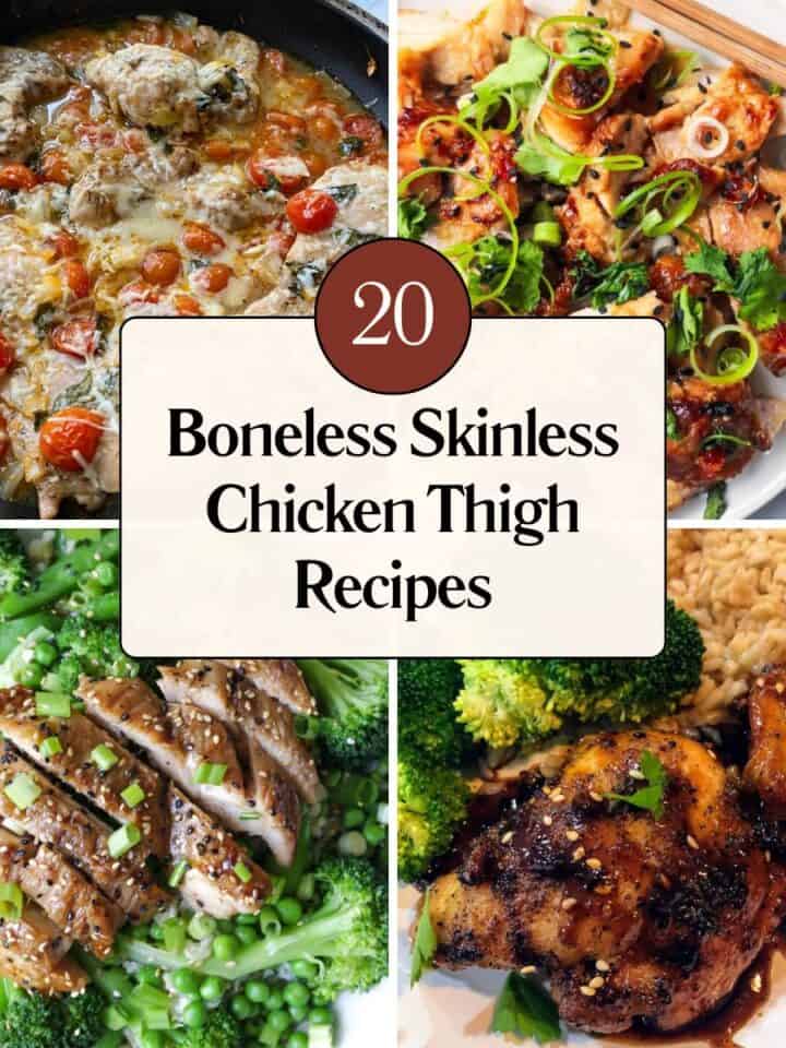Collage of four boneless skinless chicken thigh recipes.