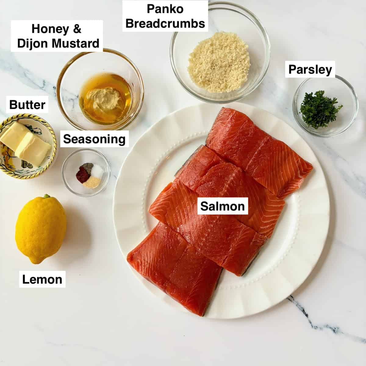 Ingredients for honey mustard salmon with panko recipe.