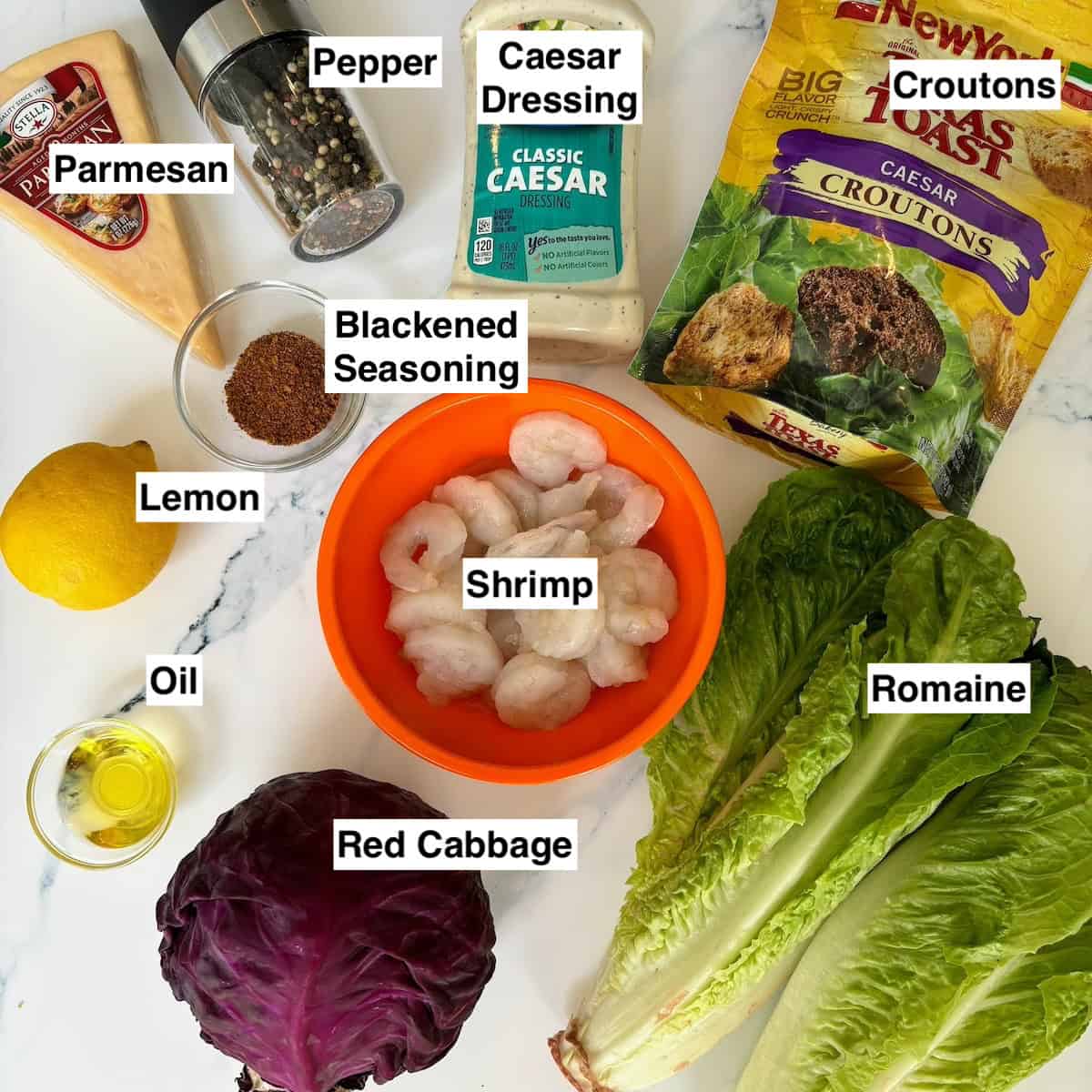 Ingredients for easy blackened shrimp caesar salad recipe.
