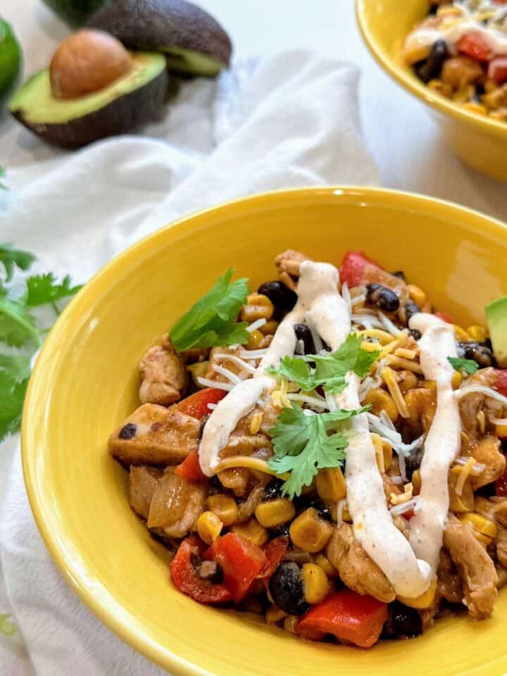 southwestern flavor chicken bowl with avocado, cilantro and veggies