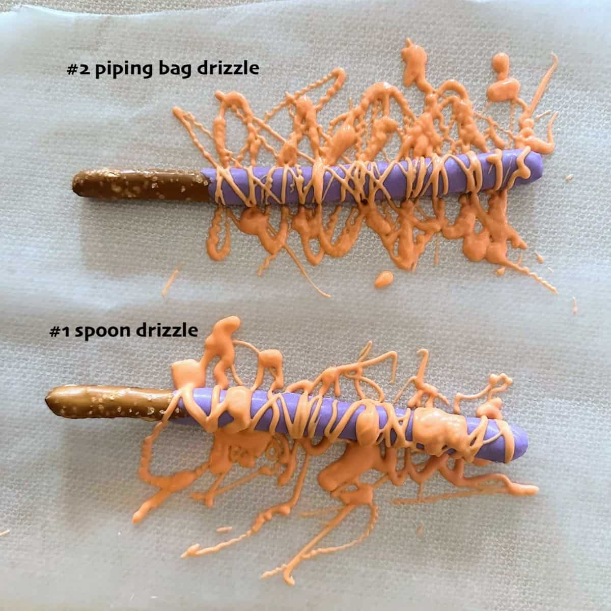 two ways of drizzling candy melts on top of a pretzel rod