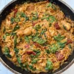 Chicken orzo bake in a large pan.