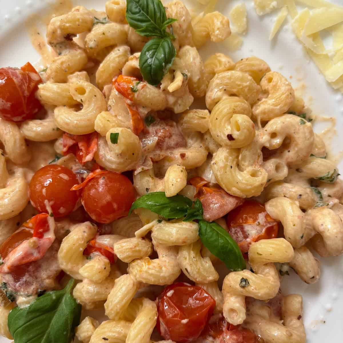 A plate of boursin tomato pasta topped with basil and parmesan. 