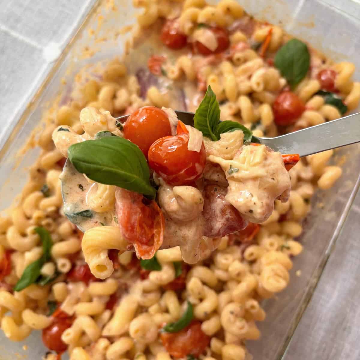 Closeup of Boursin pasta with tomatoes in a spoon hovering over a casserole dish. 