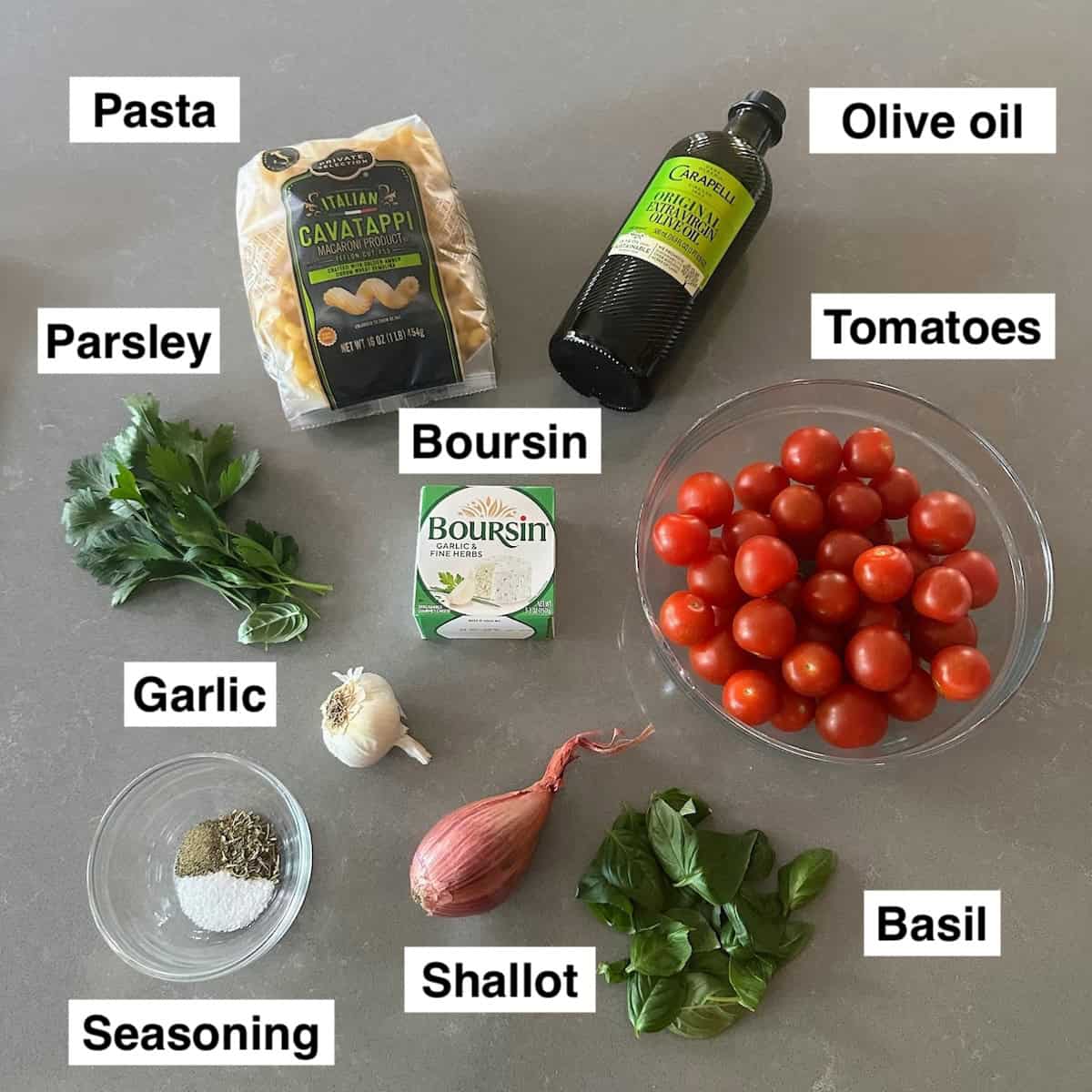 Ingredients for boursin pasta dish with tomatoes. 