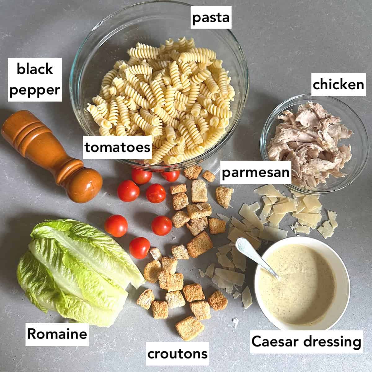 ingredients to make a pasta Caesar salad