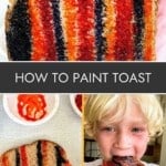Toast painted blue, orange and red that was painted using edible paint and a child taking a bite.