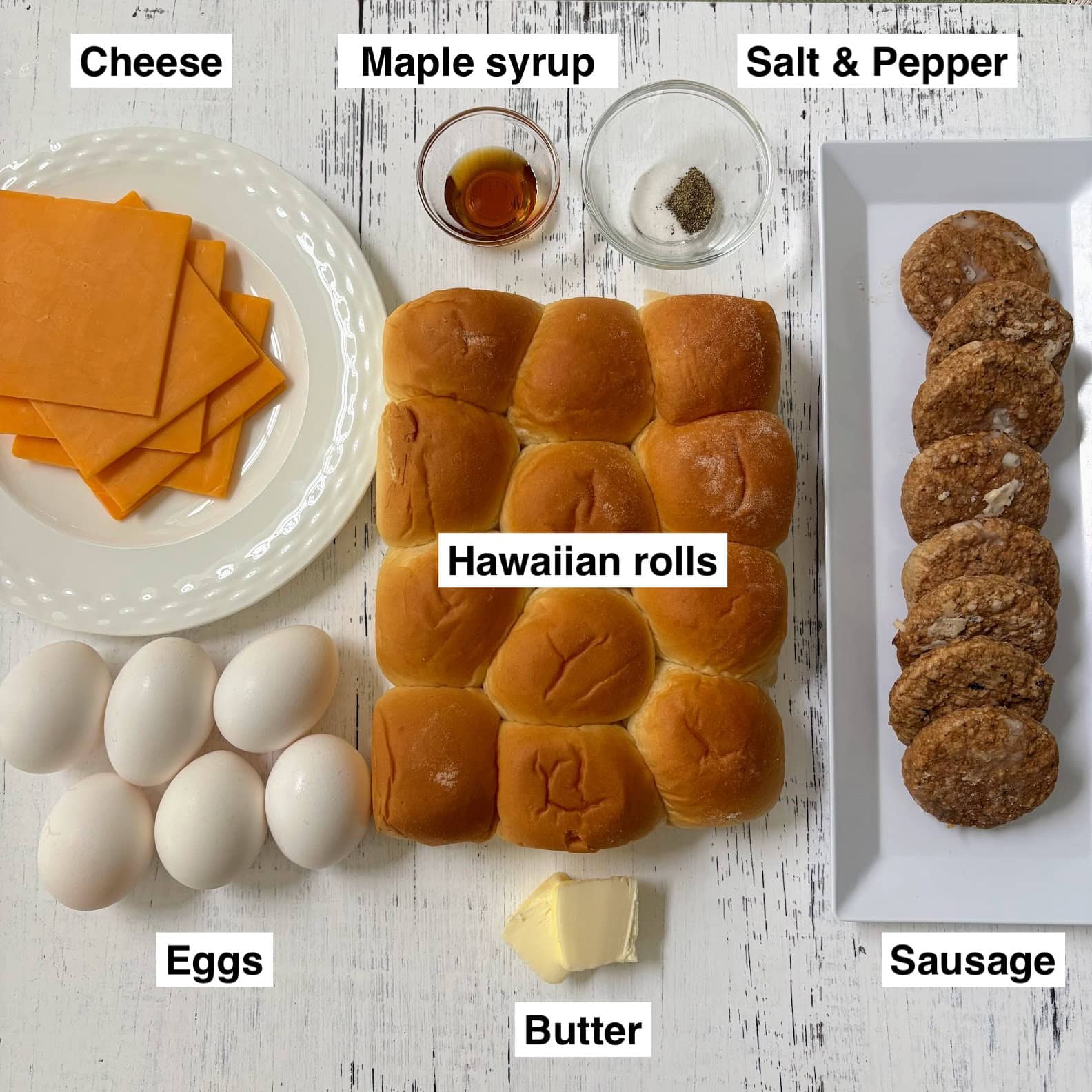 Ingredients for sausage egg and cheese breakfast sliders. 