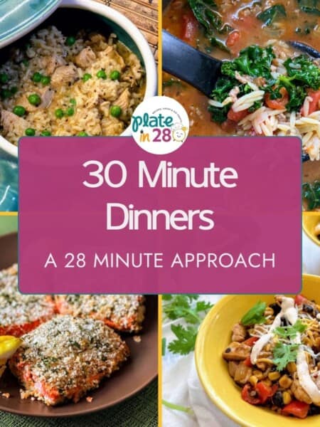 Collage of one pot recipes including a rice dish, soup, salmon and a southwest chicken bowl.