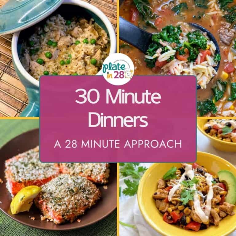 Collage of one pot recipes including a rice dish, soup, salmon and a southwest chicken bowl.