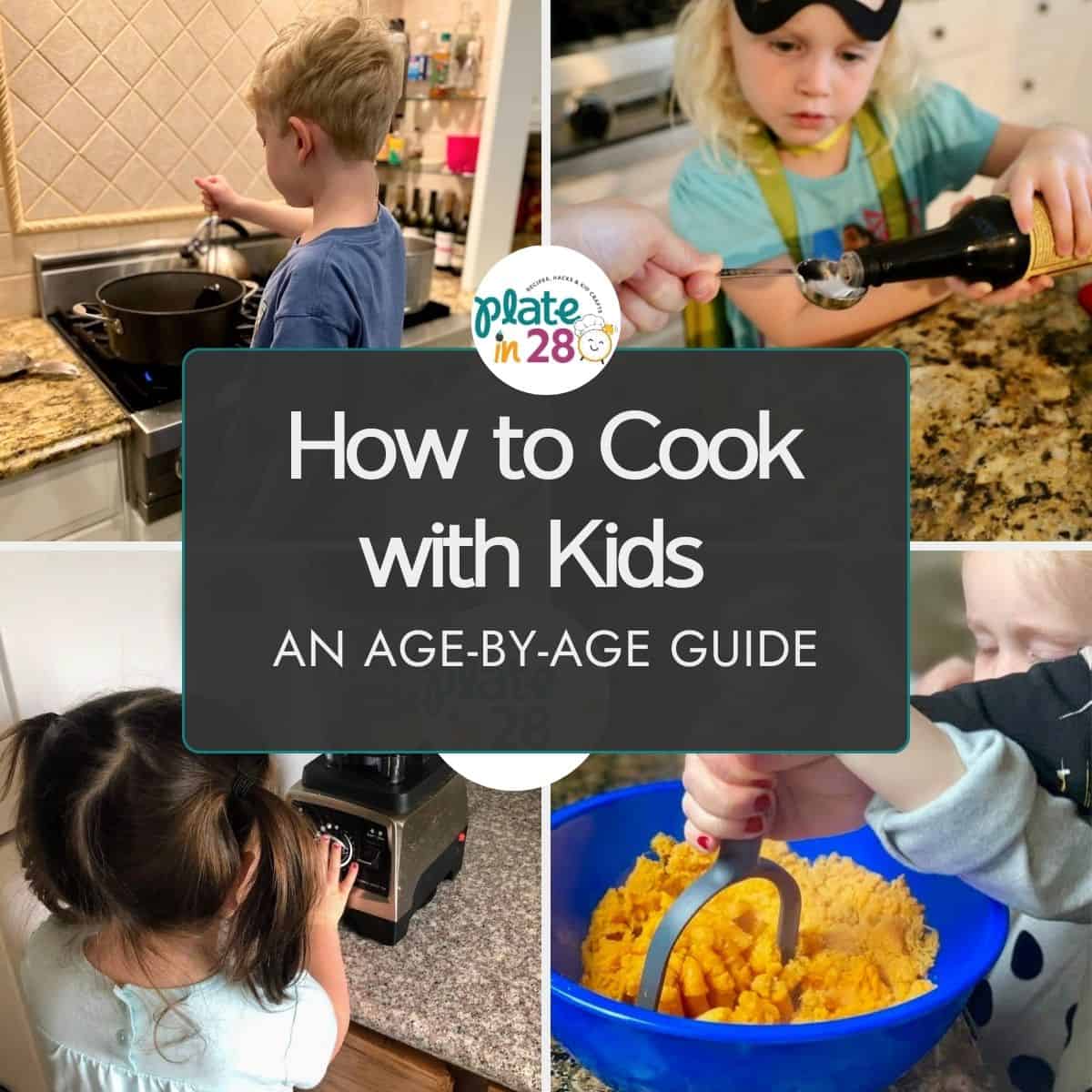 A collage of photos of kids cooking dinner in the kitchen.