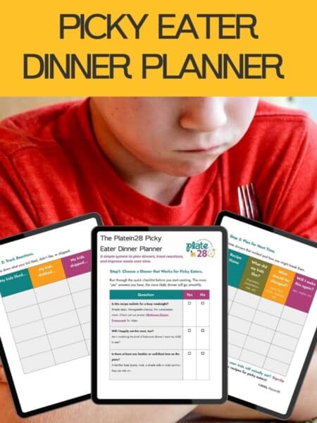 A sad boy and three images of a plan to cooking for picky eaters.