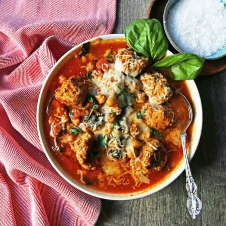 Turkey meatball soup for picky eaters in a white bowl.