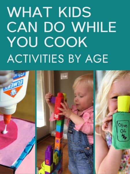 Collage of photos of kids doing craft sand activities while parents cook.