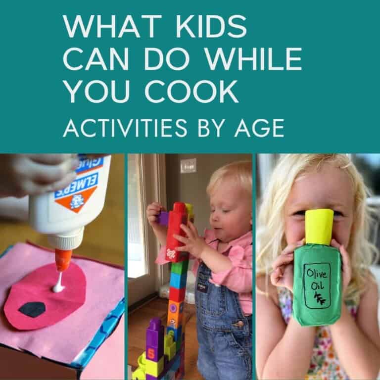 Collage of photos of kids doing craft sand activities while parents cook.
