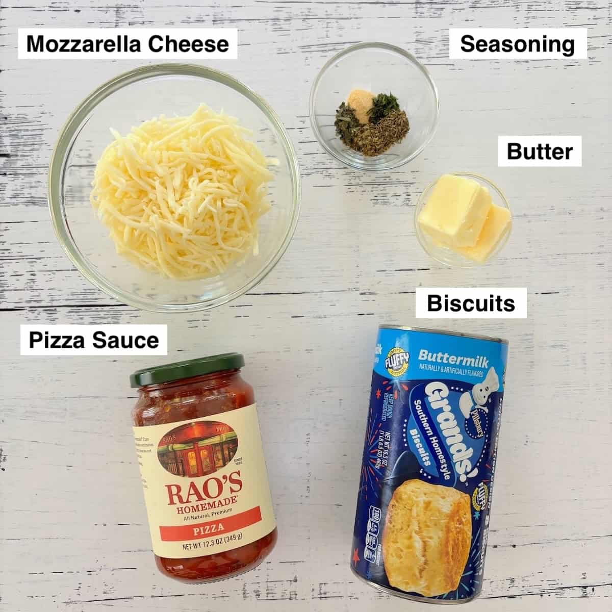 Ingredients for pizza biscuits made in muffin tins.