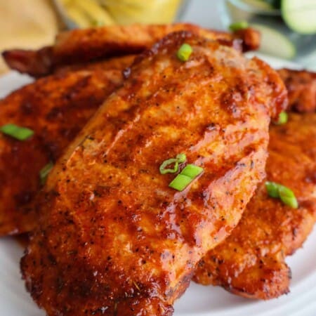 Glossy, glazed pork chops cooked in the air fryer for a quick, no-oven dinner