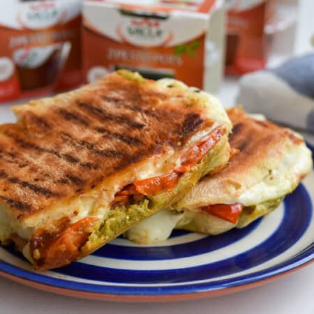 A tomato mozarella panini sandwich made in a panini press and placed on a blue and white plate.
